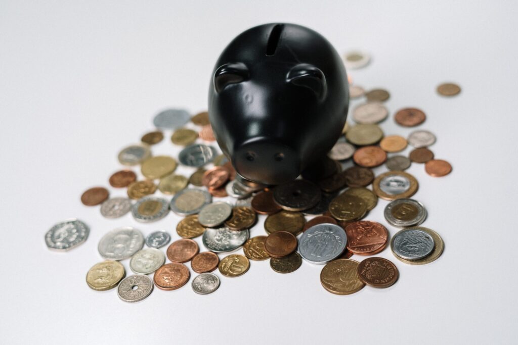 Piggy bank and coins